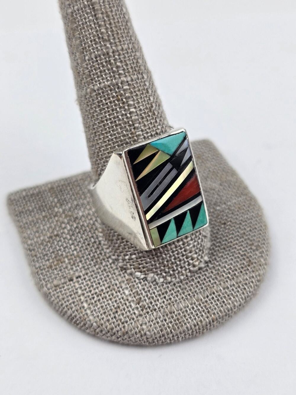 Zuni Bowannie Men's Sterling Inlay Signet Ring size 11 Turquoise Coral Shell